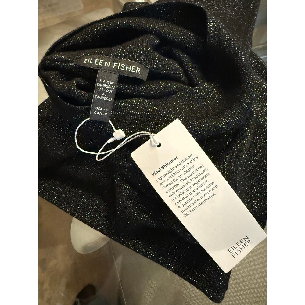 NWT Eileen Fisher Black Wool Metallic Long Sleeve Turtleneck Sweater Top Small - Picture 7 of 8